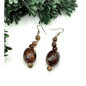 Brown Swirl Resin Beaded Dangle Earrings With Gold-Tone Hooks